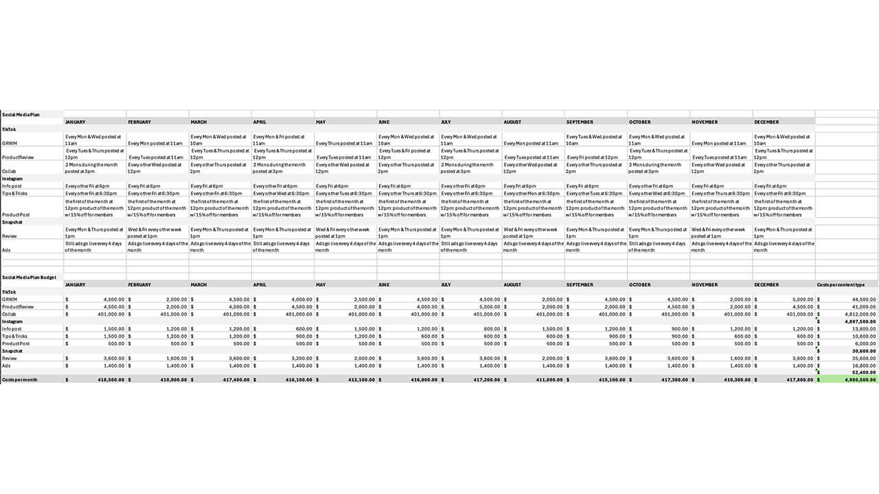 A graph showing a content calendar with a budget allocation for the social media campaign