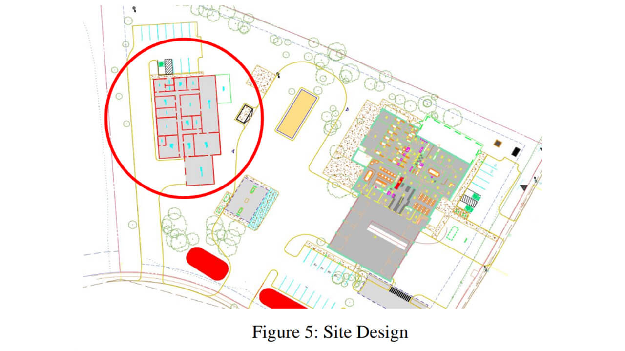 Graphic depicting the site design with a red circle pointing out the placement of the animal shelter