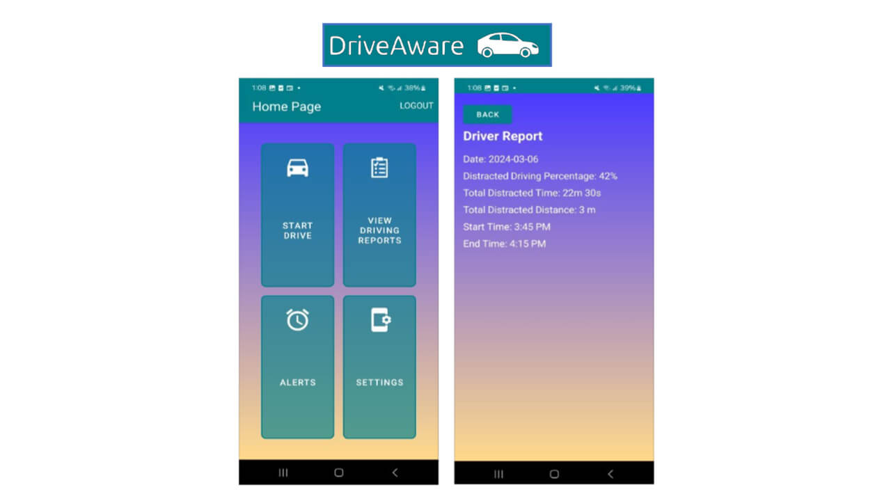 Graphic depicting the app interface of DriveAware.