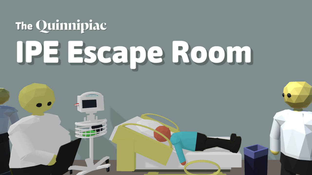 Animated graphic of doctors and a patient on a bed with text overlaid that says "The Quinnnpiac IPE Escape Room"