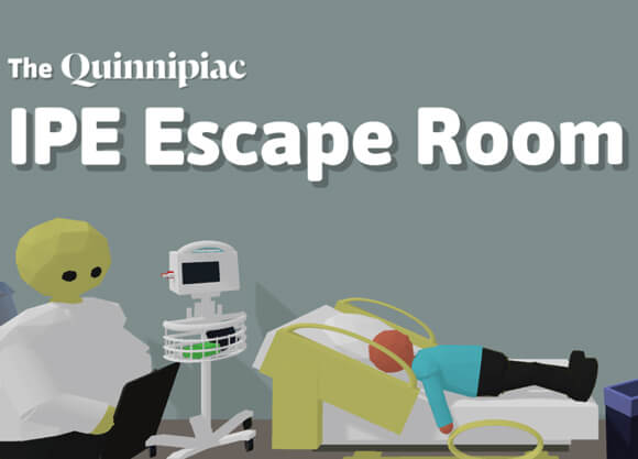 Animated graphic of a doctor and a patient on a bed with text overlaid that say "The Quinnipiac IPE Escape Room"